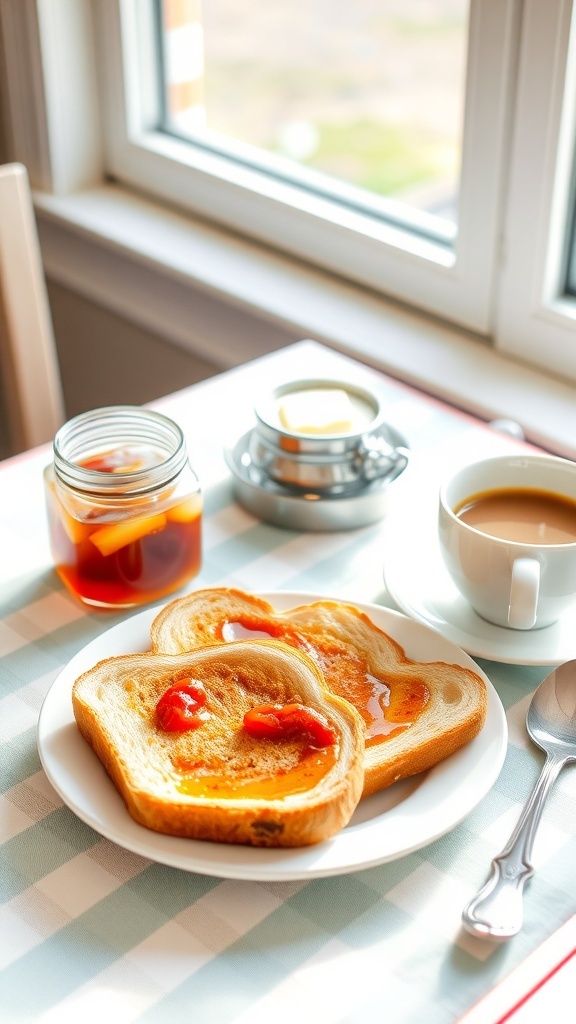 A breakfast table with toast, jam, butter, and coffee, ready for a fun morning.